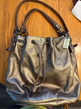 COACH BRONZE MADISON LEATHER MARIELLE DRAWSTRING TOTE BAG